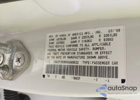 2009 Honda Accord 3.5 Ex-L из США, поврежденный, VIN 1HGCP36889A048622